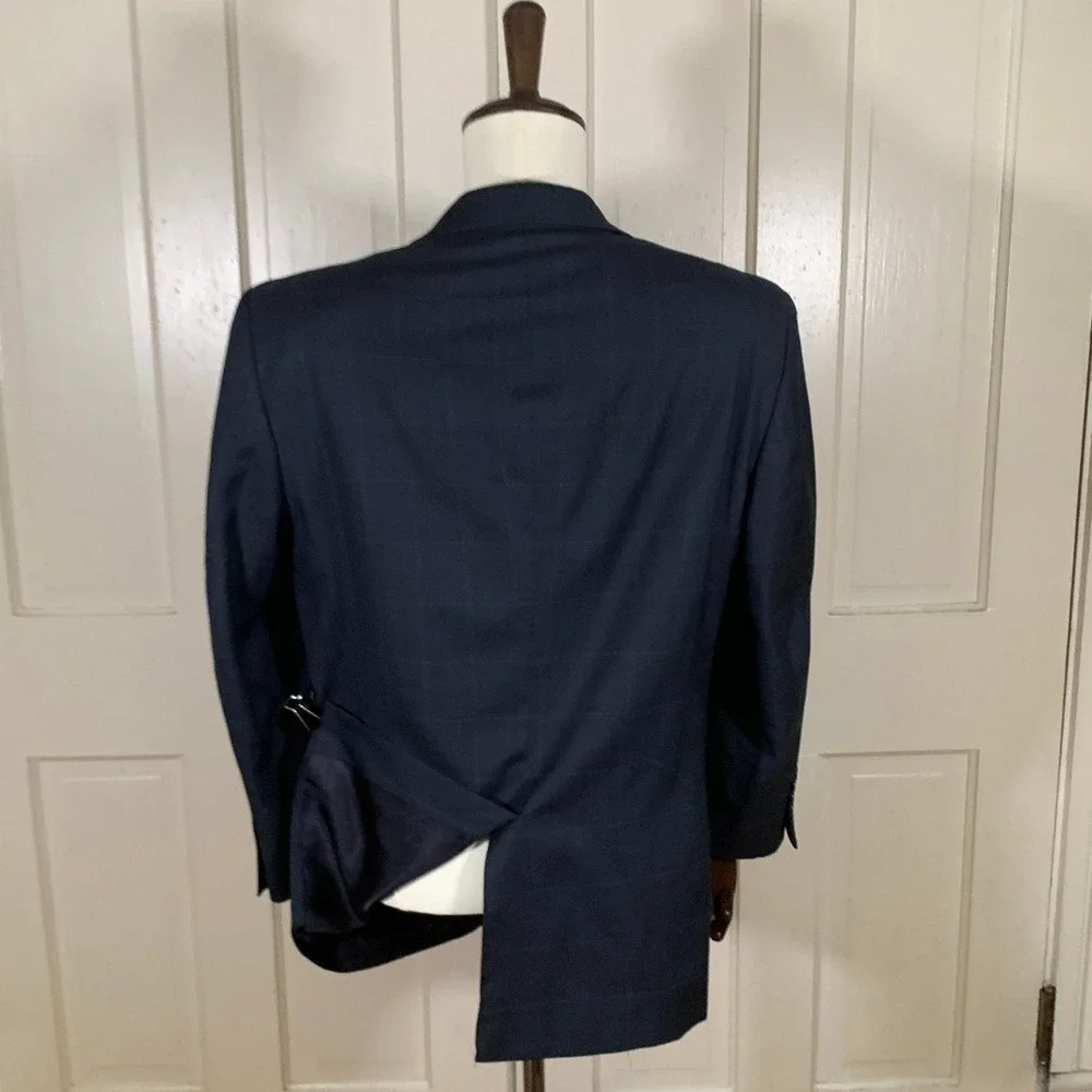 Jos A Bank Signature Mens 38S Navy Wool Silk Windowpane Blazer Sport Coat
